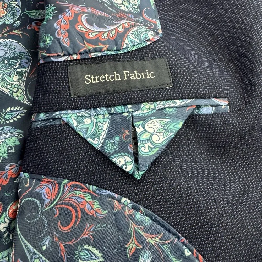 Tailorbyrd Collection Mens 46R Navy Blue Stretch Blazer Paisley Lining NWOT